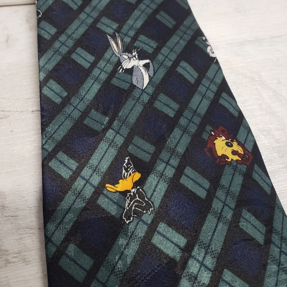 Vgt. Looney Tunes Mania Cartoons Necktie Tie Green Blue Plaid Check Bugs Bunny